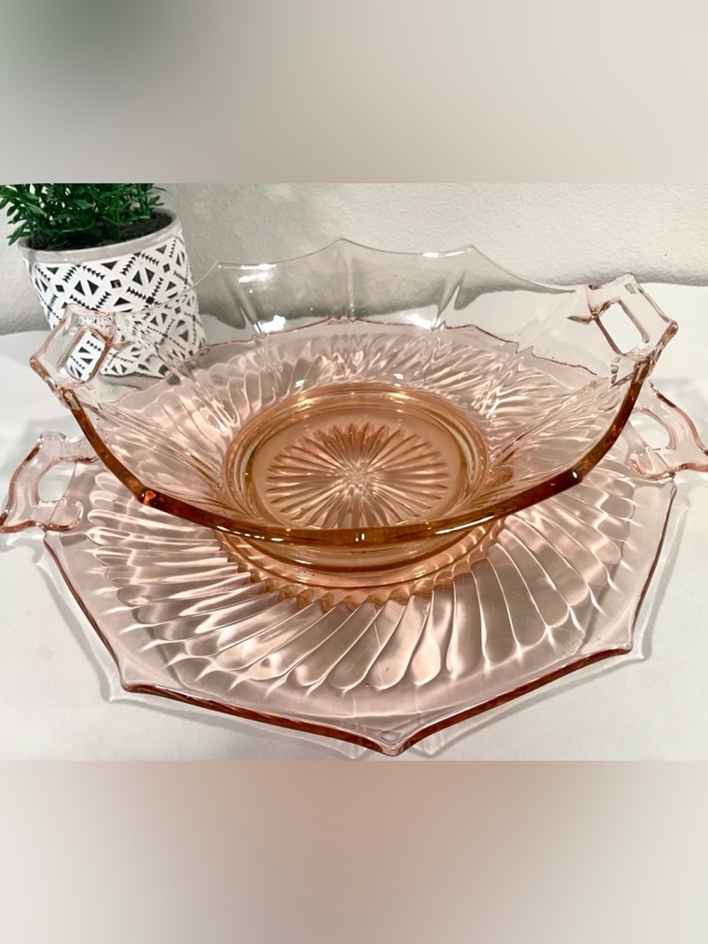 Mix & Matched Pink Depression Glass Serving Bowl & Platter Set | 12” | EUC